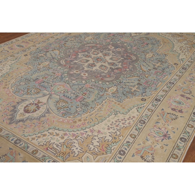 Blue / Medallion Tabriz Persian Vintage Rug Handmade Wool Carpet - 7'11" x 11'1"