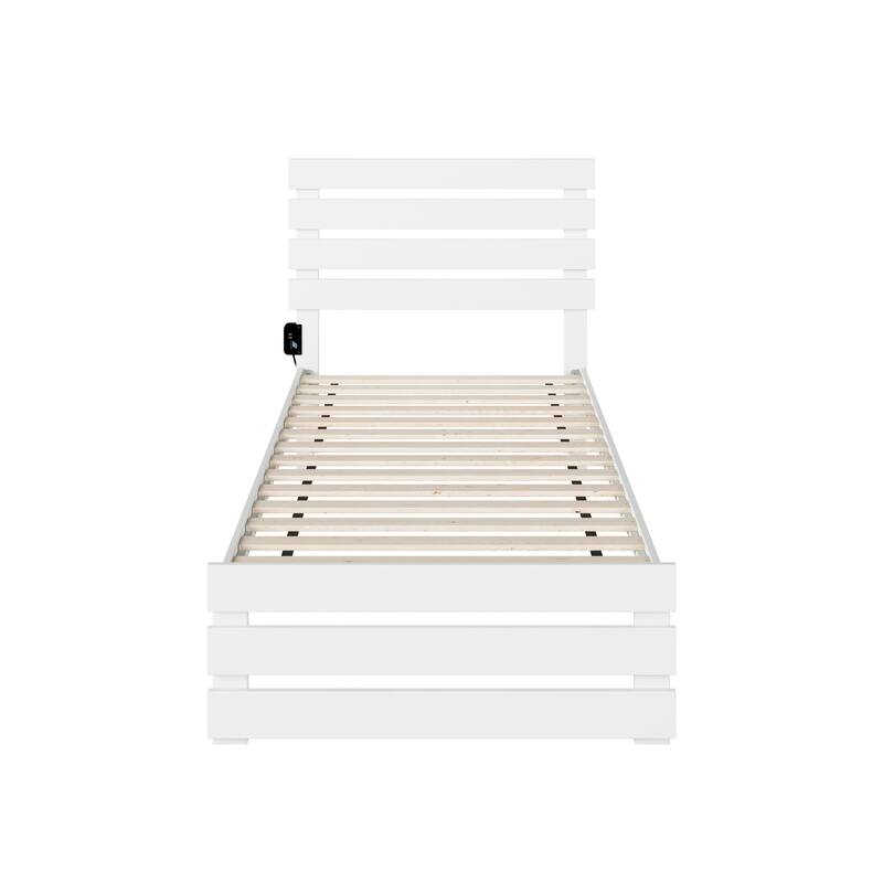 Twin XL Bed with Footboard & USB Charger - Modern Farmhouse Design, Durable Slat Support, 81.5"L