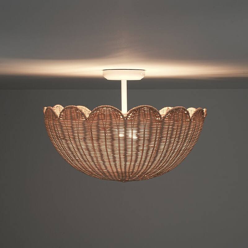 2-Light Coastal Style Scallop Rattan Semi Flush Mount - N/A