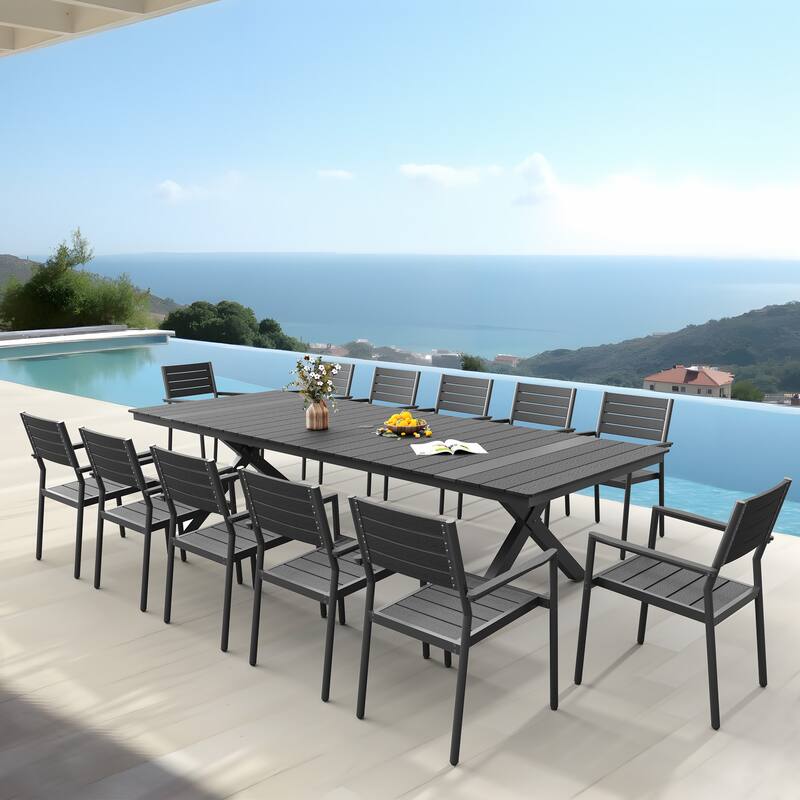 13PC Outdoor Patio Aluminum X-Frame Dining Set Table with Stackable Chairs Umbrella Hole