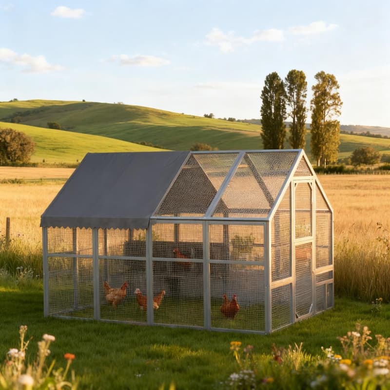 Gray Large Chicken Coop for 8-12 Chickens - Water-Resistant, Anti-UV Cover & Nesting Box