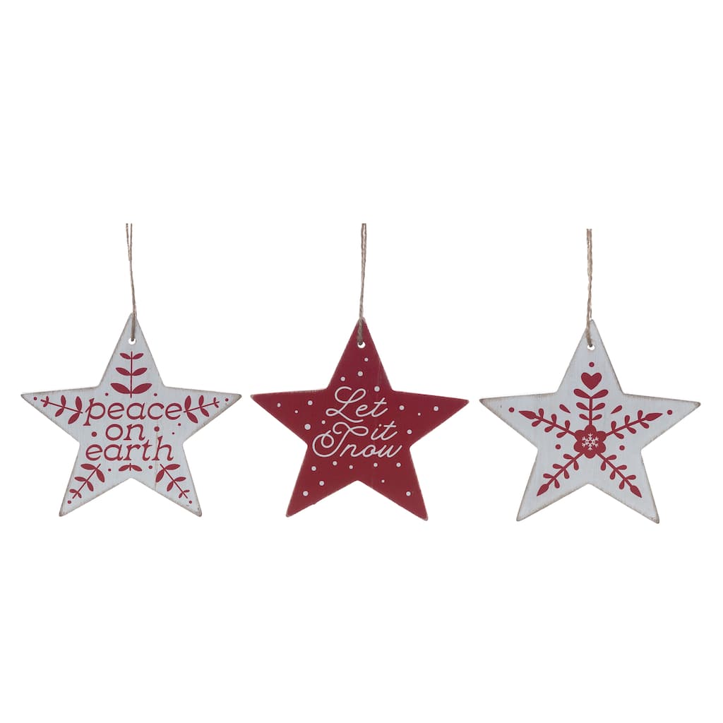 Transpac MDF Red/White Star Shaped Ornament Set of 3 Christmas Home Decorations