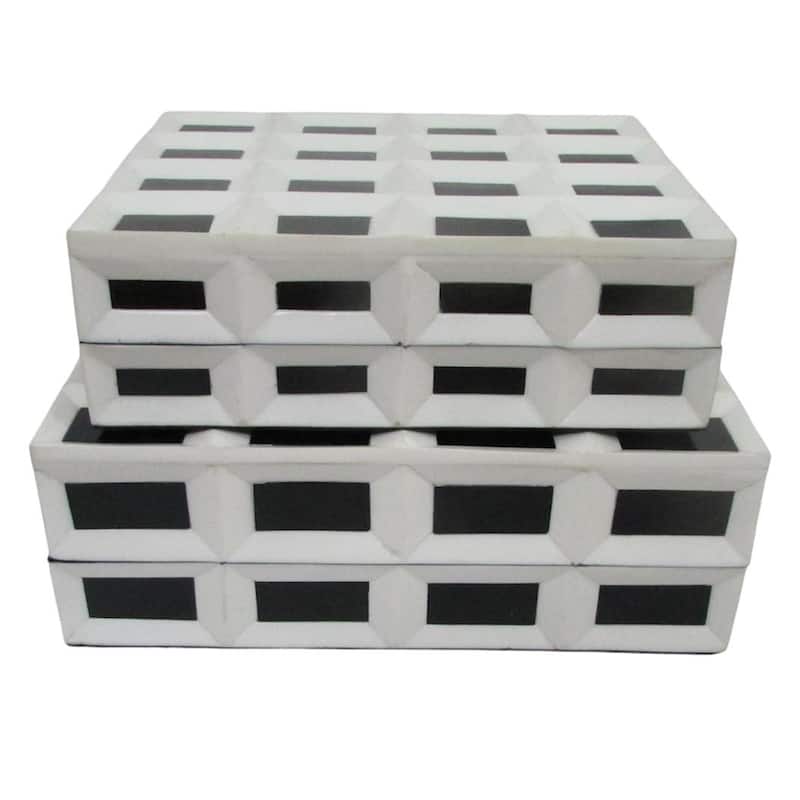 Resin Lidded Box Geometric Checkered Pattern (Set of 2) - 10/12" White - 12.25" x 9.25" x 4.5"