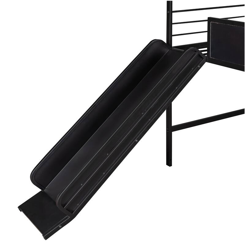Twin Size Metal Loft Bed with Slide & Two-Sided Writable Wooden Boards - Metal House Bed Design