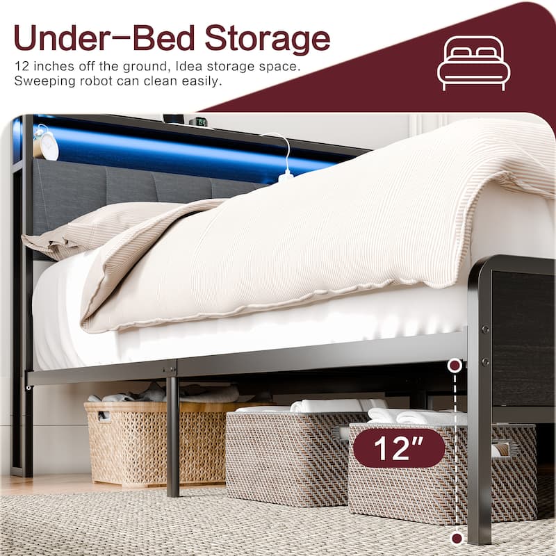 Queen Size Bed Frame with LED Headboard & USB Charging – Storage-Friendly Platform Bed with Snap Assembly