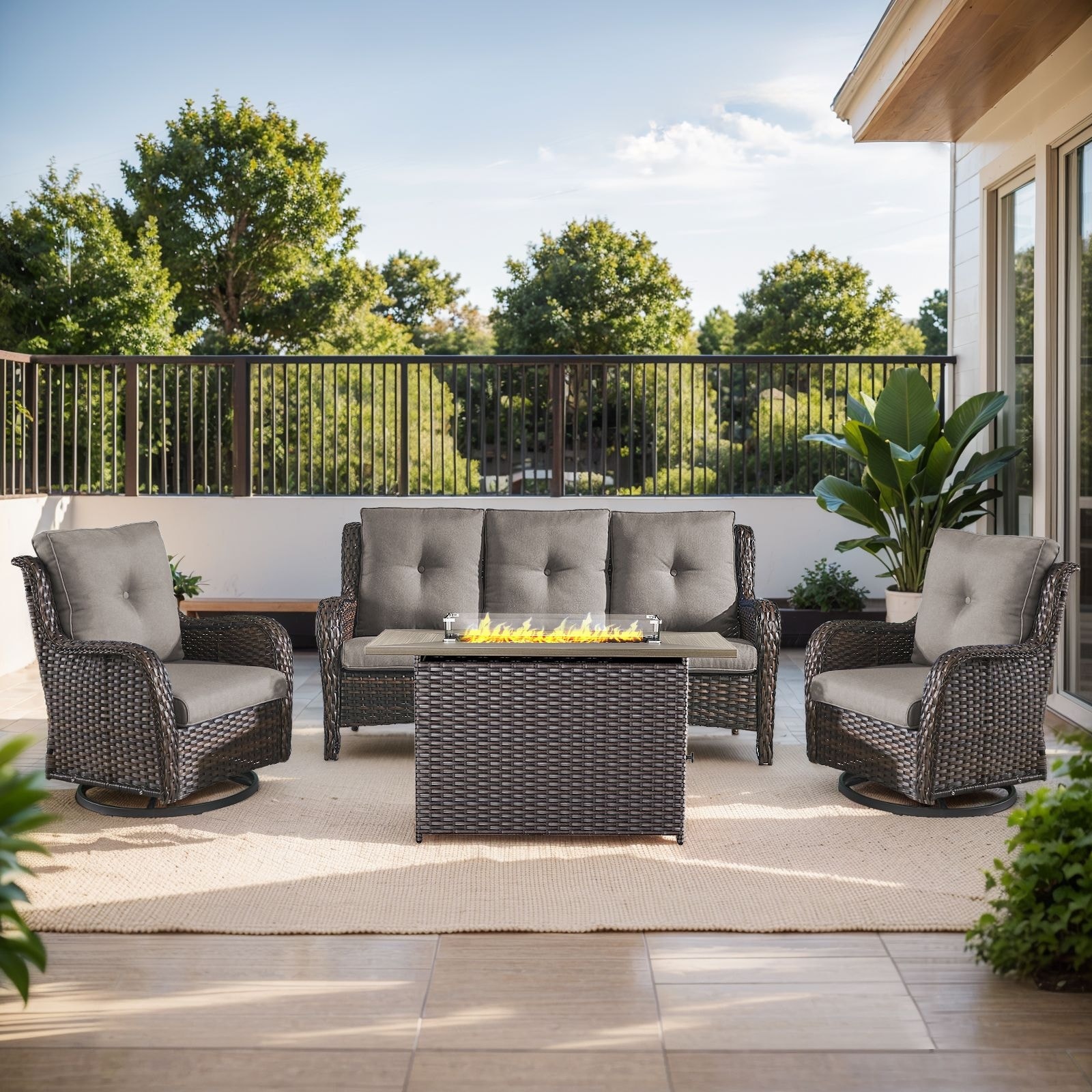 Fire Pit Table with Patio Glider Chairs Sofa Brown-Grey - Brown