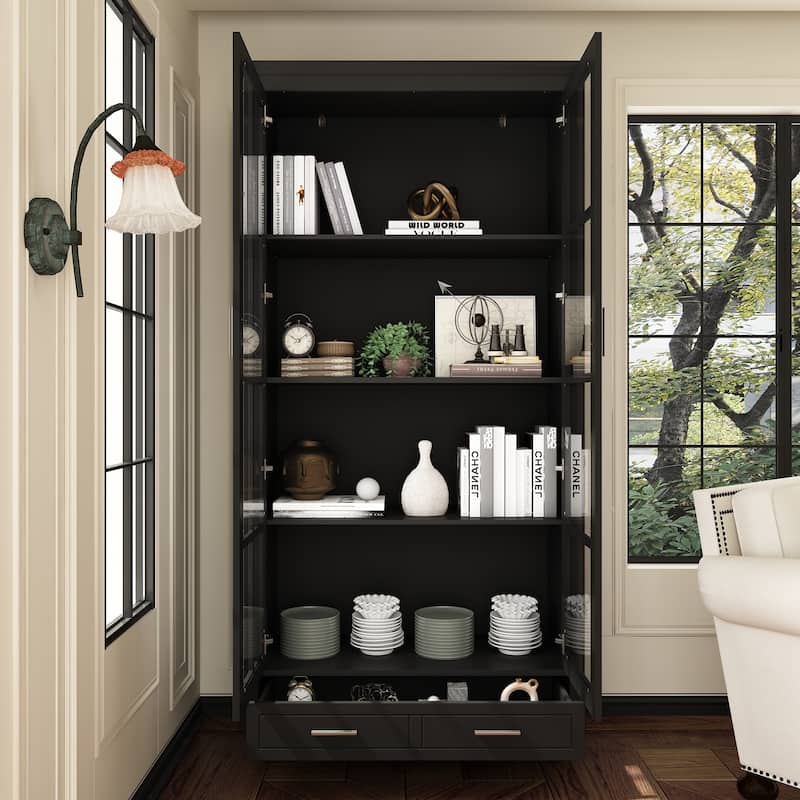 Bookcase Storage Cabinet with Glass Door& Drawer Display Cabinet White