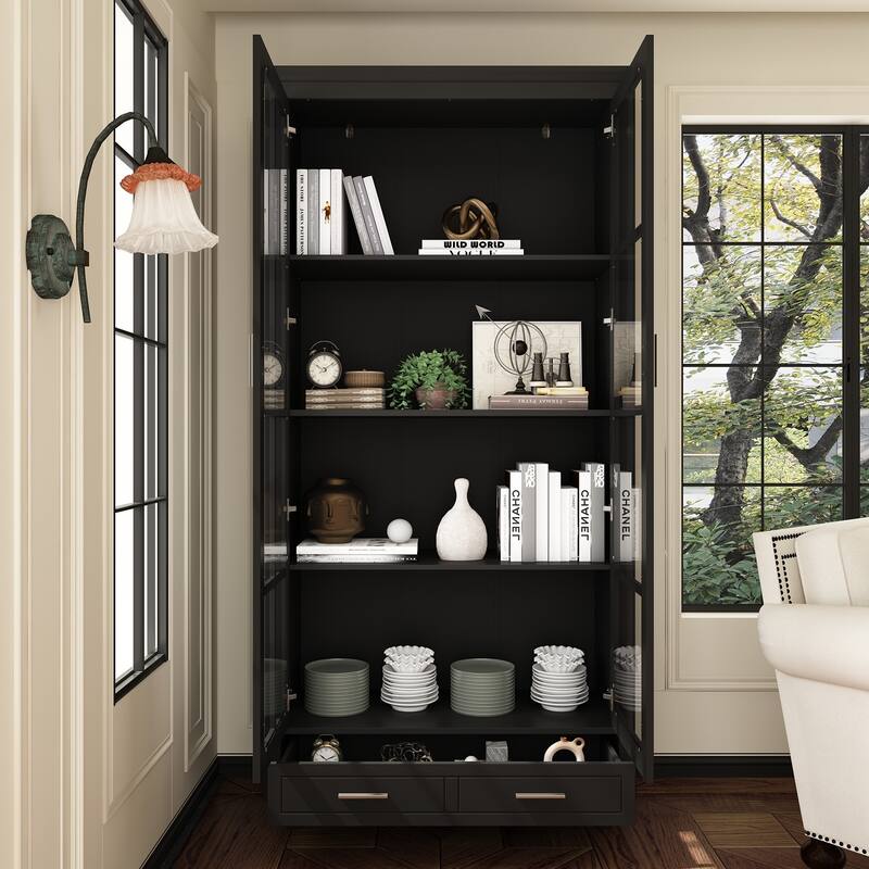 White Bookcase with Glass Doors Display Cabinet Bookshelf Organizer - 70.9"Hx36.2"W