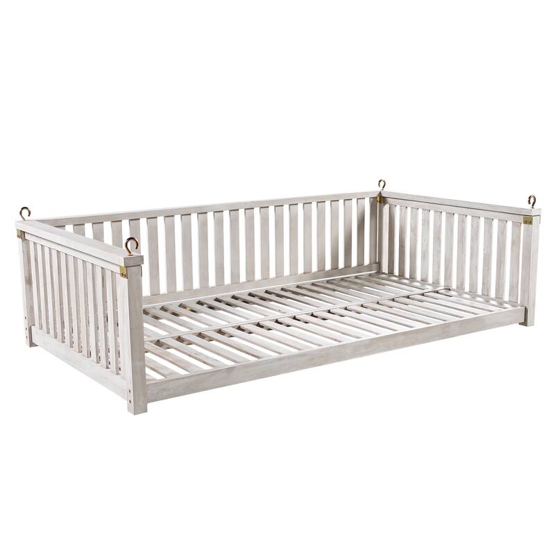 Acacia Wood Twin-Size Porch Swings Bed with 350lb Capacity, Includes Hemp Ropes and Sloped Safety Design
