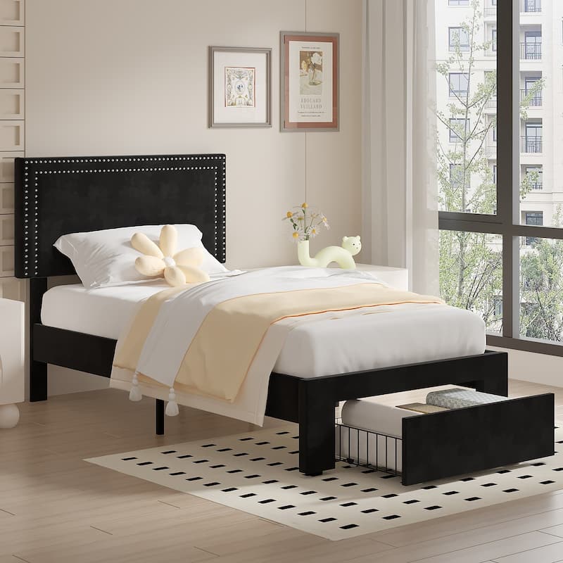 VECELO Upholstered Storage Bed Frames with 4 Storage Drawers Platform Bed Frame with Adjustable Velvet Rivets Headboard