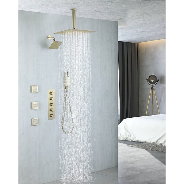brushed gold dual shower heads 4 way thermostatic shower system with body  jets - 7'6 x 10'9 - On Sale - Bed Bath & Beyond - 35851760