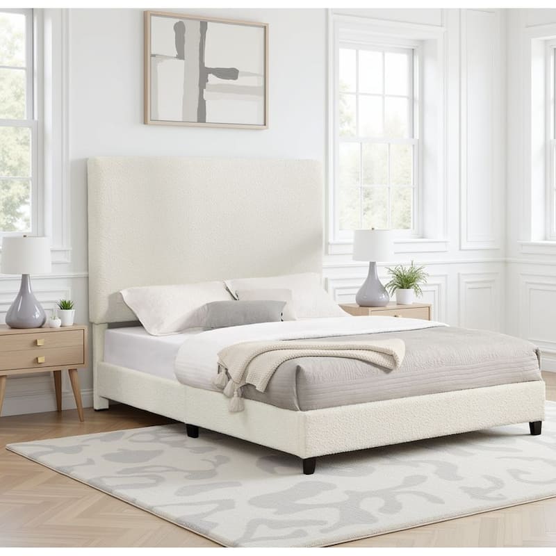Bridgevine Home Tall White Boucle Panel Headboard Upholstered Platform Bed