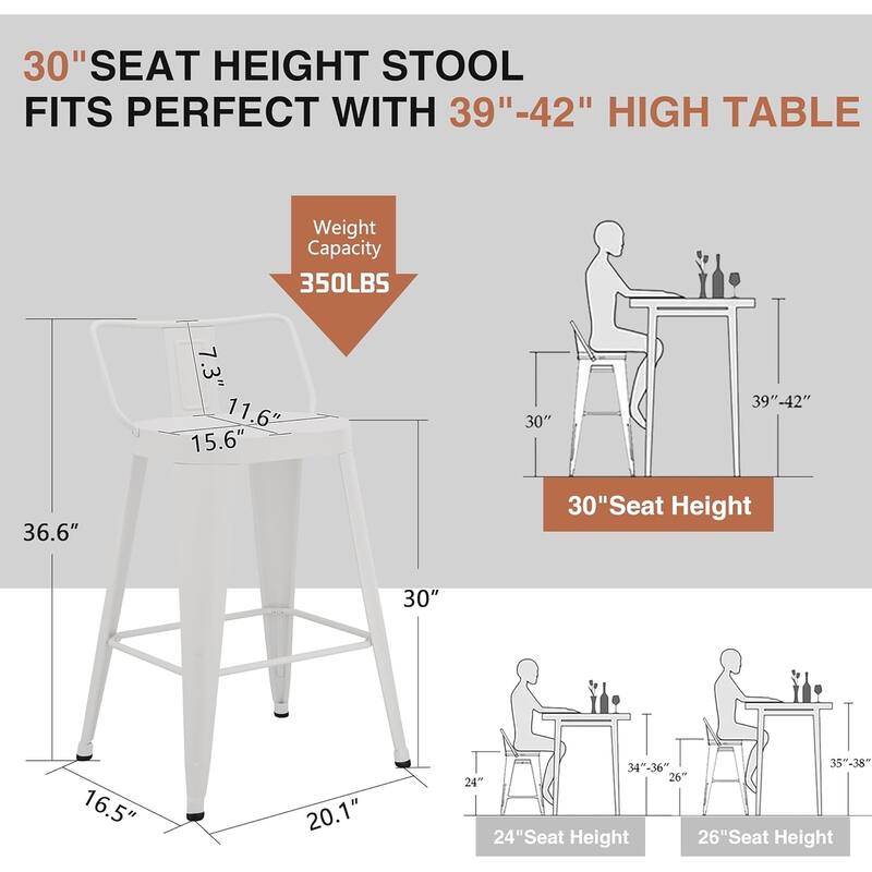 Industrial Metal Counter&Bar Stools Set of 4, 26" and 30" Seat Height Barstools with Large Seat and Low Back for Kitchen Island