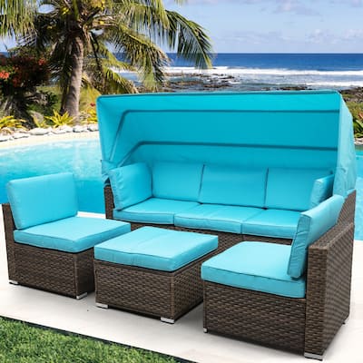 Moasis 6-Piece Patio Wicker Sofa Daybed Furniture Set with Retractable Canopy