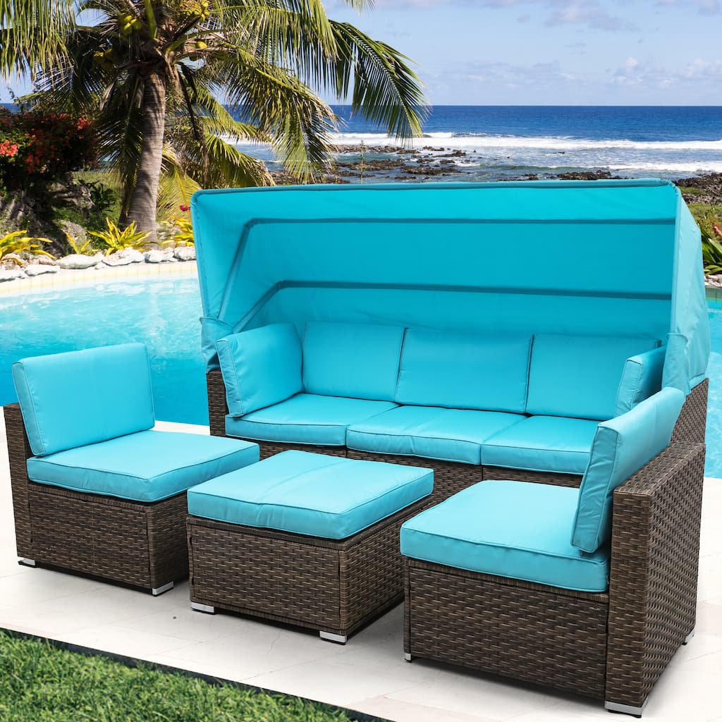 Moasis 6-Piece Patio Wicker Sofa Daybed Furniture Set with Retractable Canopy