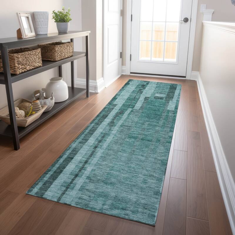 Machine Washable Indoor/ Outdoor Modern Stripes Chantille Rug - Teal - 2'3" x 7'6"