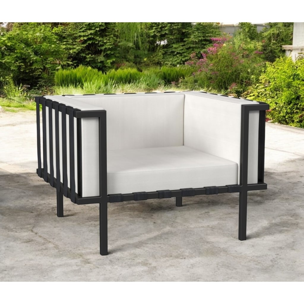 33" Black Metal Outdoor Arm Chair with Off White Cushion