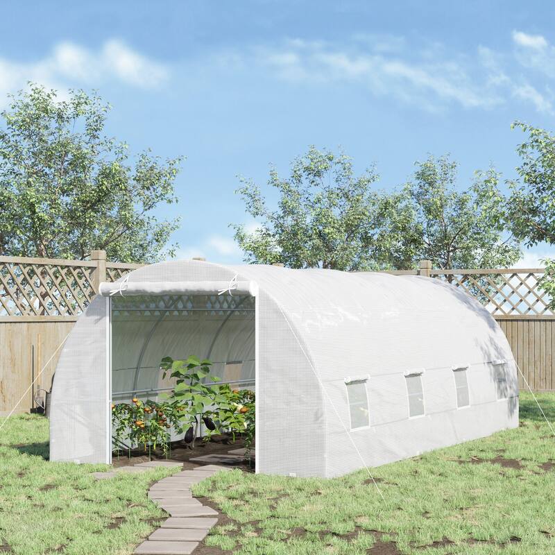 Large Greenhouse with Powder-Coated Steel Frame PE Cover Ventilated Windows and Zippered Door - 234.25" L x 118" W x 82.75" H