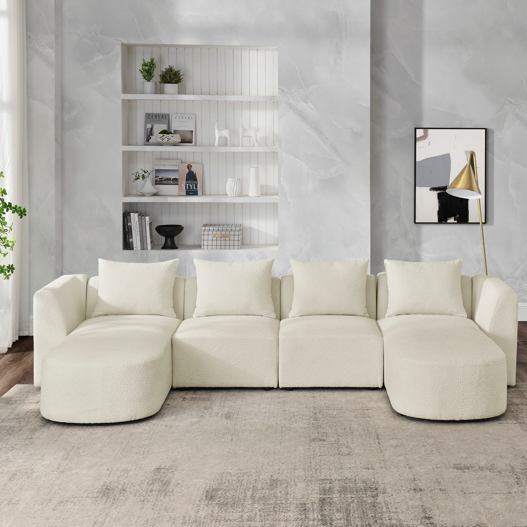 Ivory U-Shape Modular Sectional Sofa with Chaise, Pillows