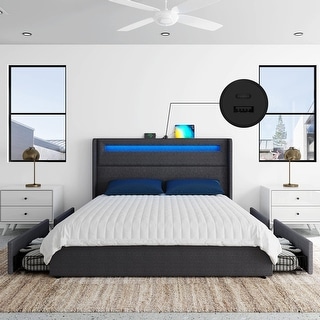 Full LED Bed Frame with Wingback Headboard & 4 Storage Drawers ...