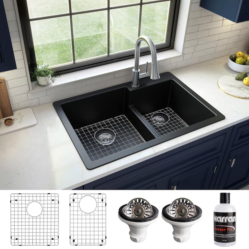 Karran 33" Top Mount Large/Small Bowl Quartz Kitchen Sink Kit - 33" x 22" x 9"