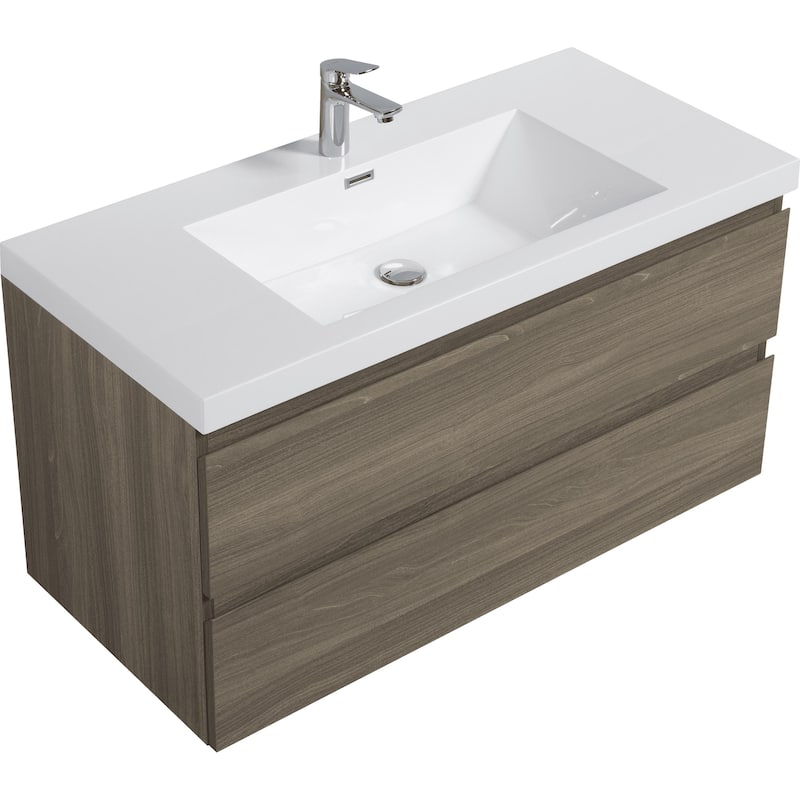42" Floating Bathroom Vanity with Sink - Ash Grey Wall-Mounted Cabinet, Resin Countertop, Soft-Close Drawers