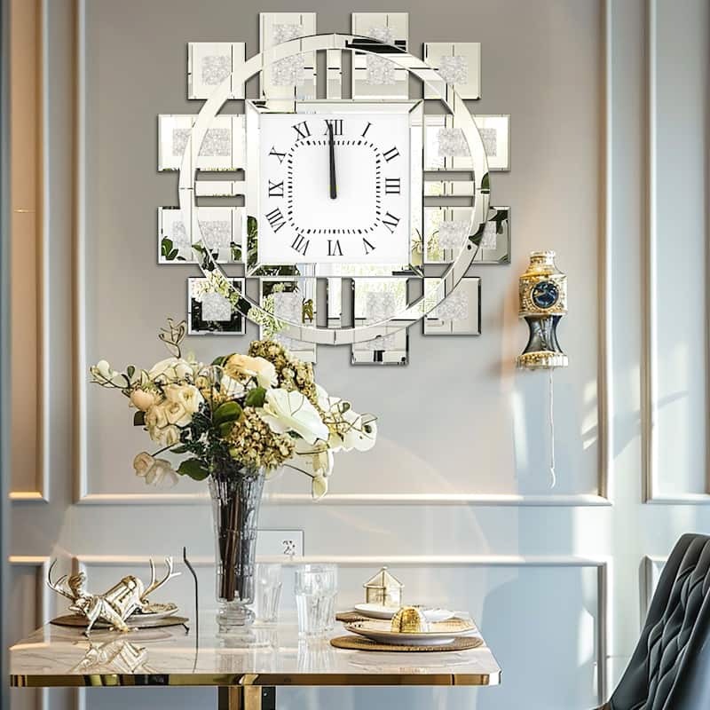Gold/Silver Irregular Luxury Mirrored Wall Clock w/Crushed Diamond Inlay - 23.62x23.62 inch