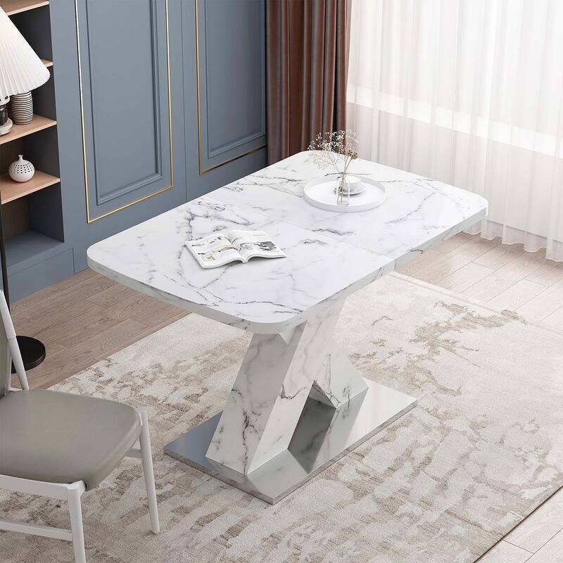 62.99" Faux Marble Rectangular Extendable Dining Table with X-Legs and Metal Base