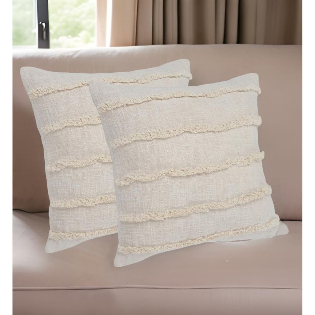 Set of Two Beige Ribbed Cotton Throw Pillow With Fringe