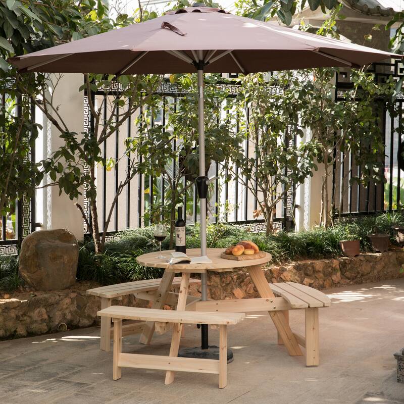 Wooden Outdoor Round Picnic Table w/ Integrated Bench Seats