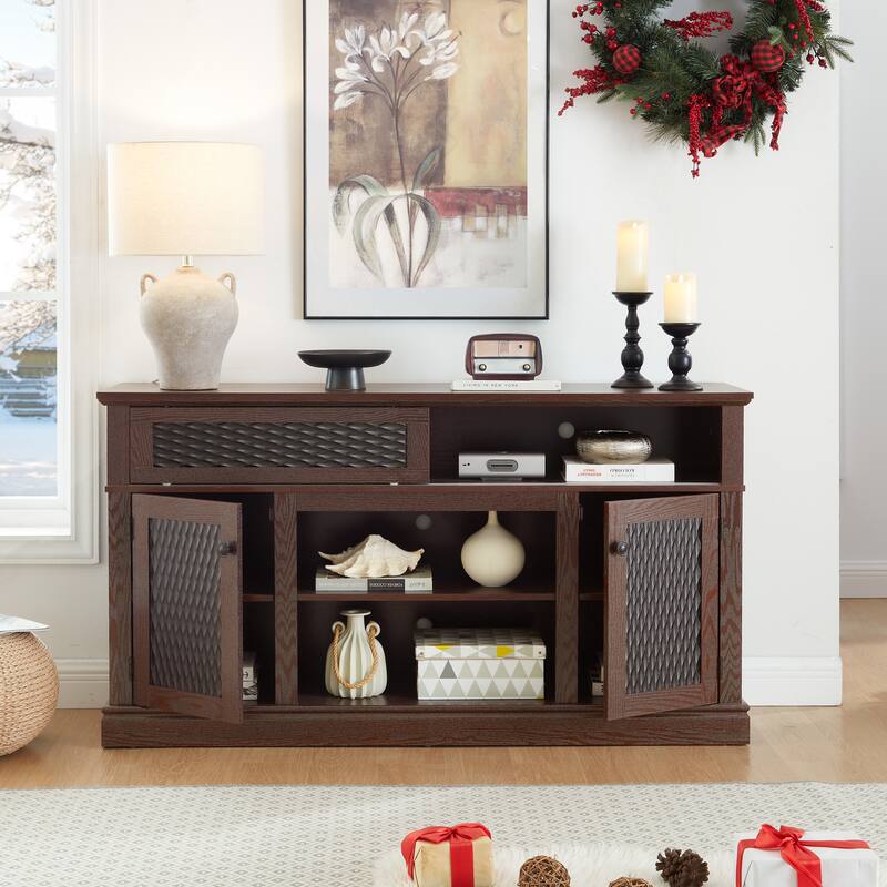 Modern Embossed Pattern TV Stand with 2 Large Cabinets and Open Shelving, for Living Room and Bedroom, Dark Cherry