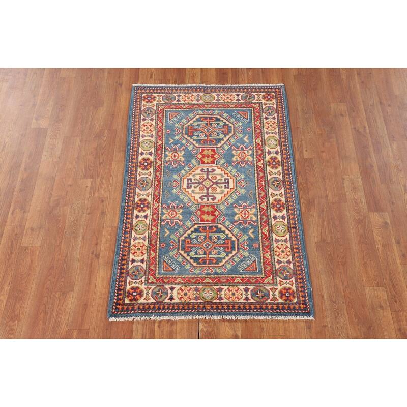 Blue Geometric Kazak Foyer Rug Handmade Bedroom Wool Carpet - 2'7" x 4'1"