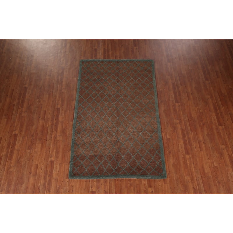 All-Over Brown Trellis Nepalese Oriental Rug Hand-Knotted Wool Carpet - 5'0"x 8'1"
