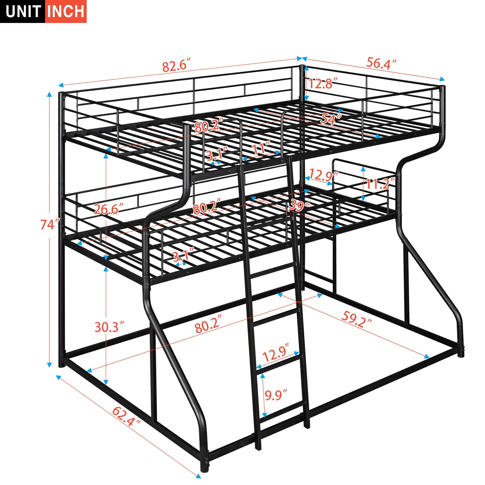 Full XL Over Twin XL Over Queen Size Triple Bunk Bed with Long and ...