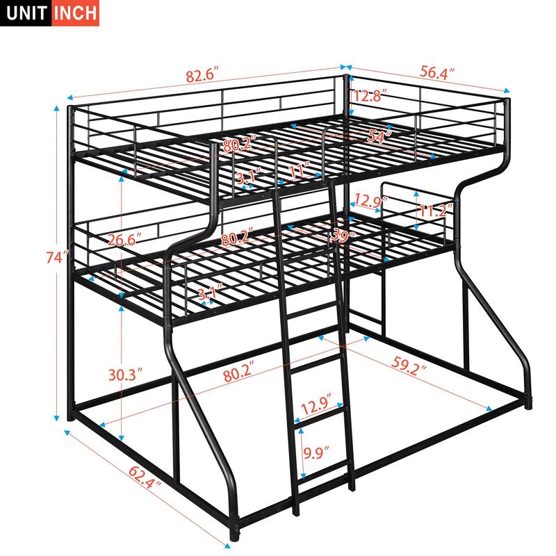 Full XL over Twin XL over Queen Size Bunk Bed with Full Length Guardrails, Heavy Duty Metal Triple Bunk Bed Frame with Ladder