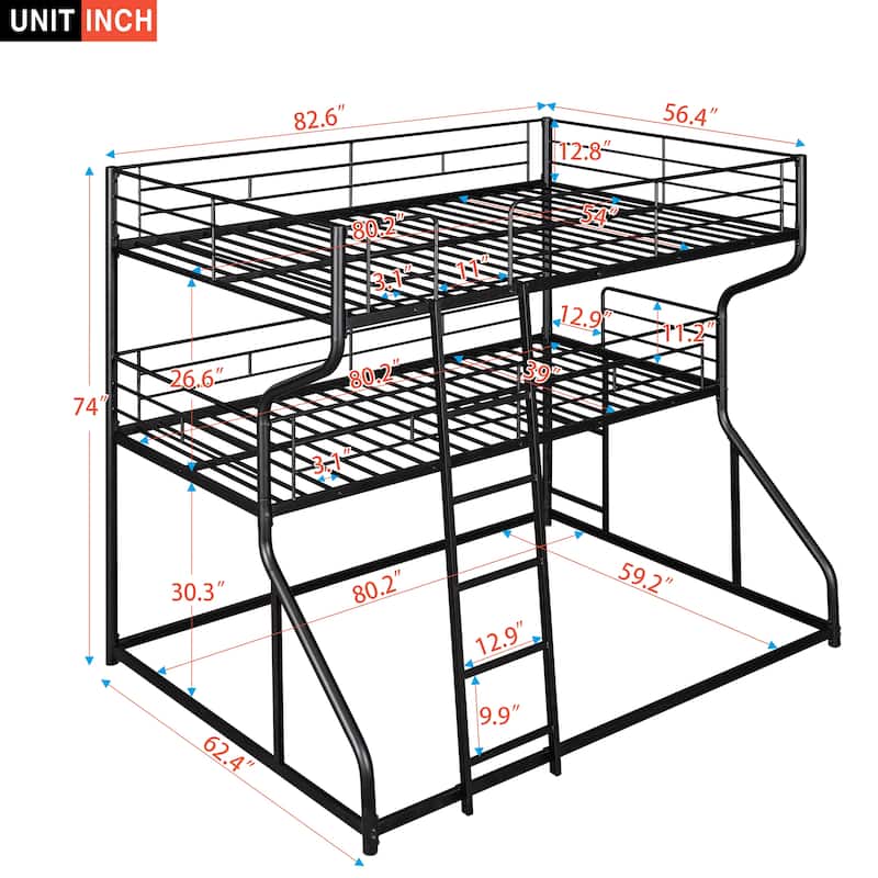 Space-Saving Full XL over Twin XL over Queen Triple Bunk Bed with Guardrails
