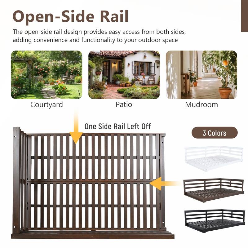 Durable Acacia Wood Porch Swing Bed with Hemp Ropes for Patio and Garden