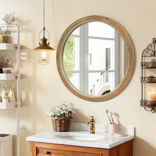 Round Distressed Wood Beaded Wall Mirror, 23.62" Farmhouse Vintage Accent Mirror for Bathroom, Bedroom, Entryway