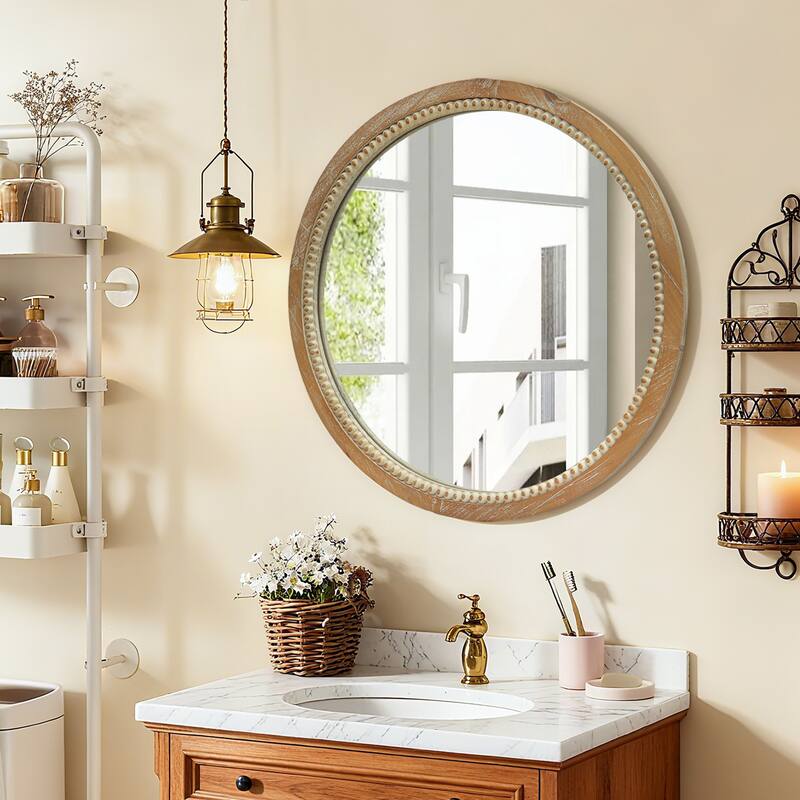 Round Distressed Wood Beaded Wall Mirror - Natural Wood