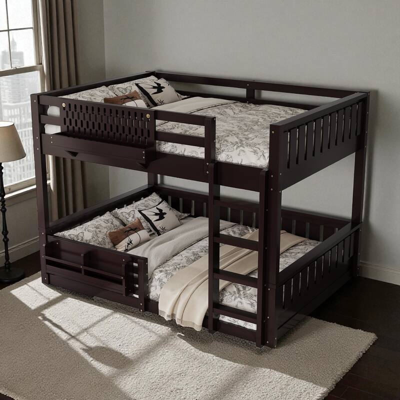 Queen over Queen Bunk Bed with Ladder, Guardrails, Pegboard Storage & Built-In Bookshelf, Solid Wood Frame