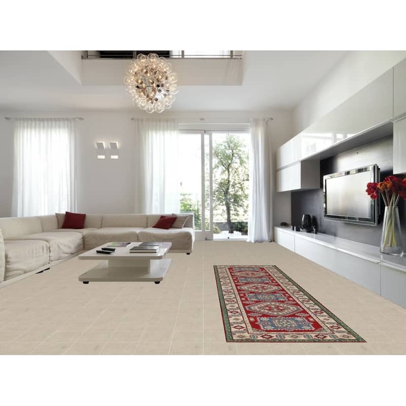 Red Geometric Kazak Runner Rug Handmade Wool Carpet - 4'0" x 13'5"