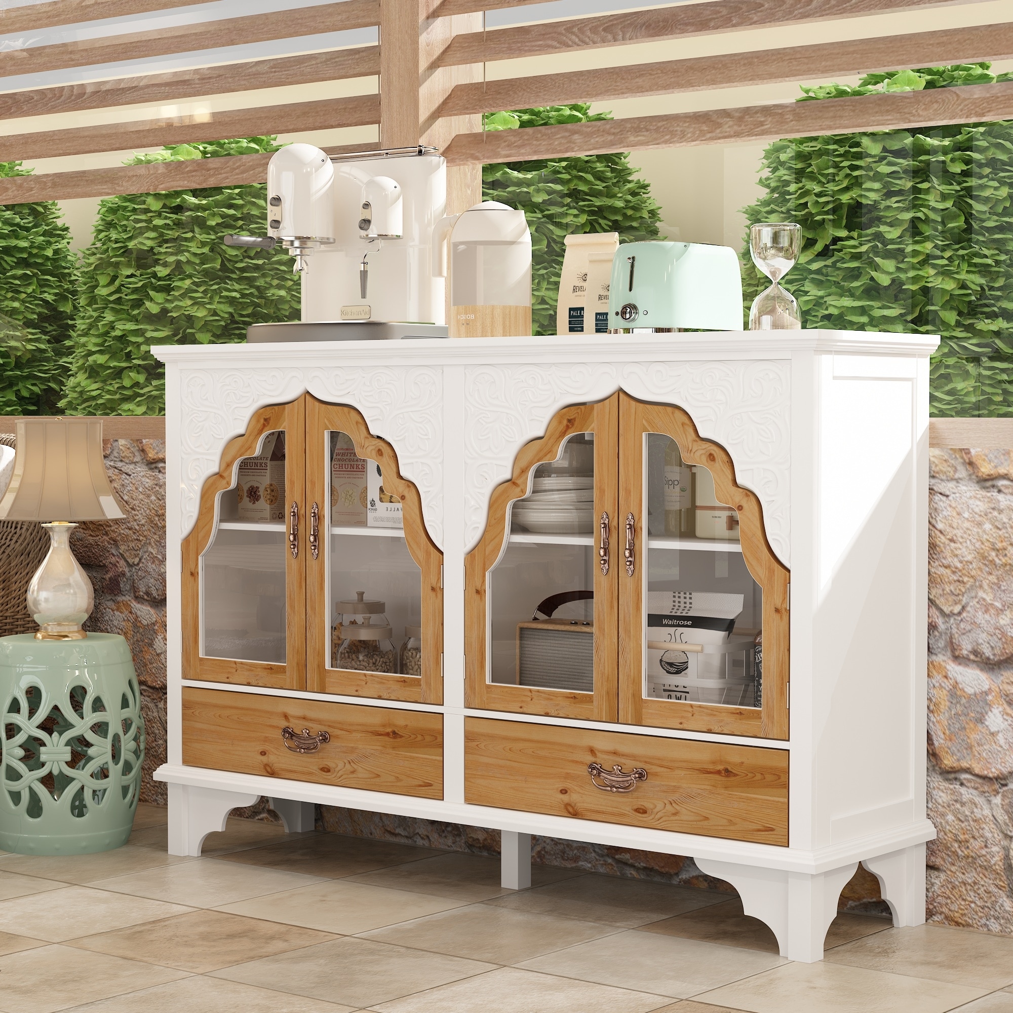 American Retro Solid Wood Carved White Buffet Cabinet Sideboard