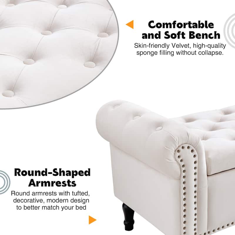 67" Velvet Tufted Storage Bench for Bedroom End of Bed with Roll Arms
