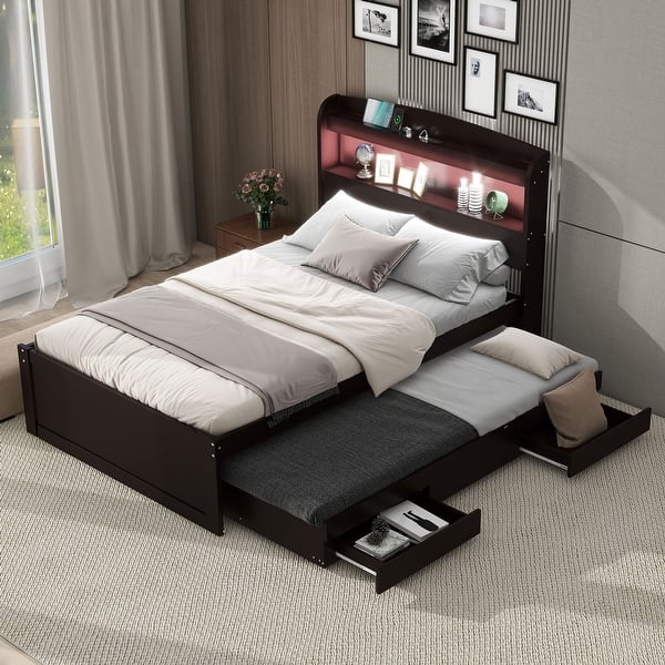 slide 2 of 15, Twin XL Platform Bed with Storage LED Headboard, Charging Station, Trundle & 2 Drawers, Sturdy Pine Wood Frame, Dark Brown Dark Brown
