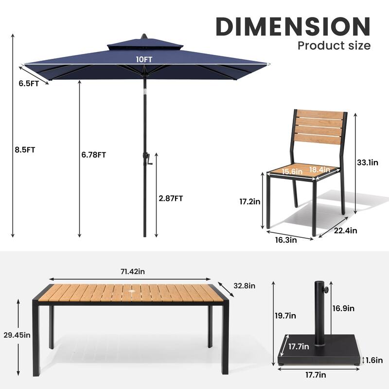 9/11-Piece Outdoor Dining Set w/10 ft Umbrella and Base Aluminum Dining Table and Stackable Chairs