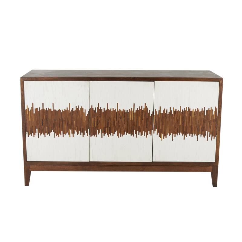 Brown or Black Mango Wood 3 Door and 3 Shelf Abstract Media Credenza Sideboard with White Front and Striped Pattern