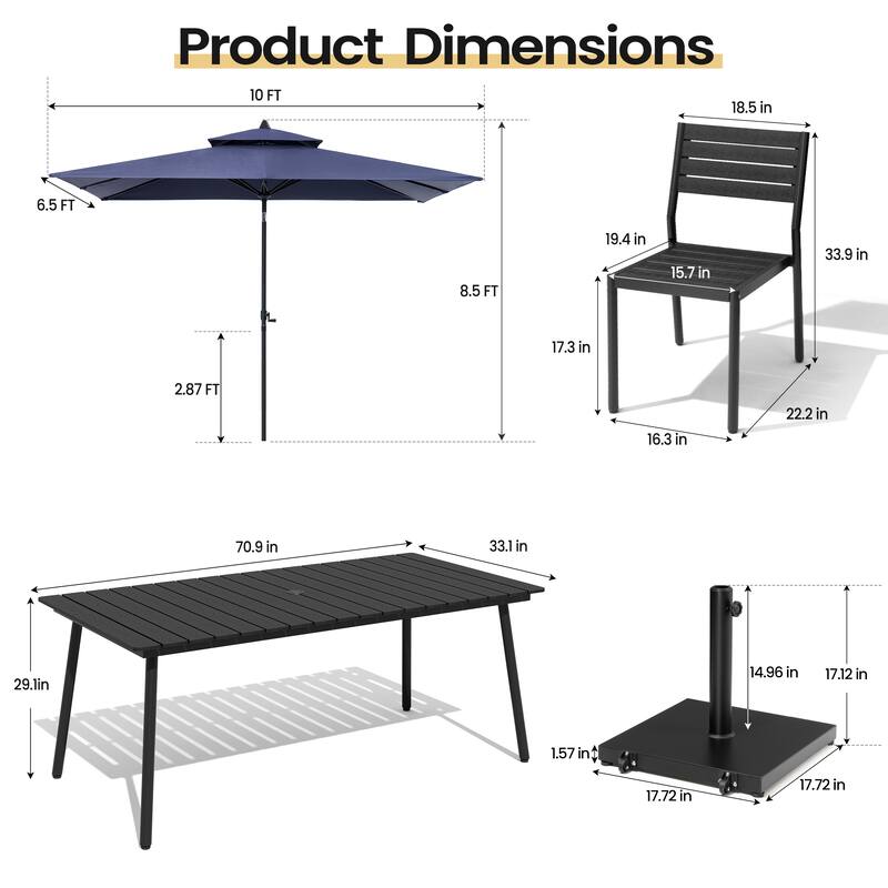 9PC Outdoor Patio Dining Set Wood-Like Aluminum Table with Stackable Chairs,Double Top Market Umbrella and Wheel Base