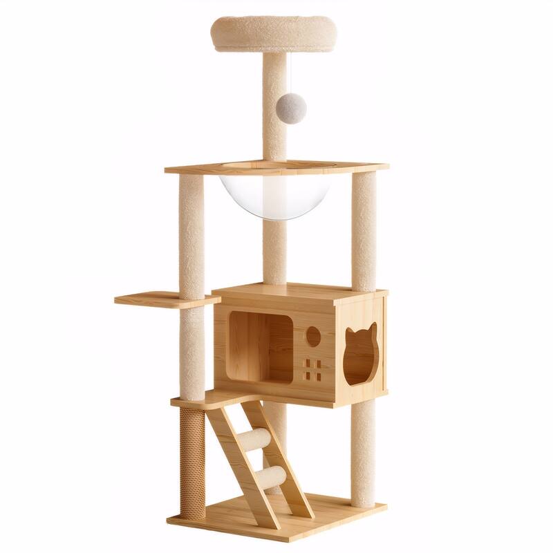 48.8" Modern Wood Cat Tower - Indoor Cat Tree with Sisal Scratching Posts, Top Perch & Acrylic Hammock for Small to Large Cats