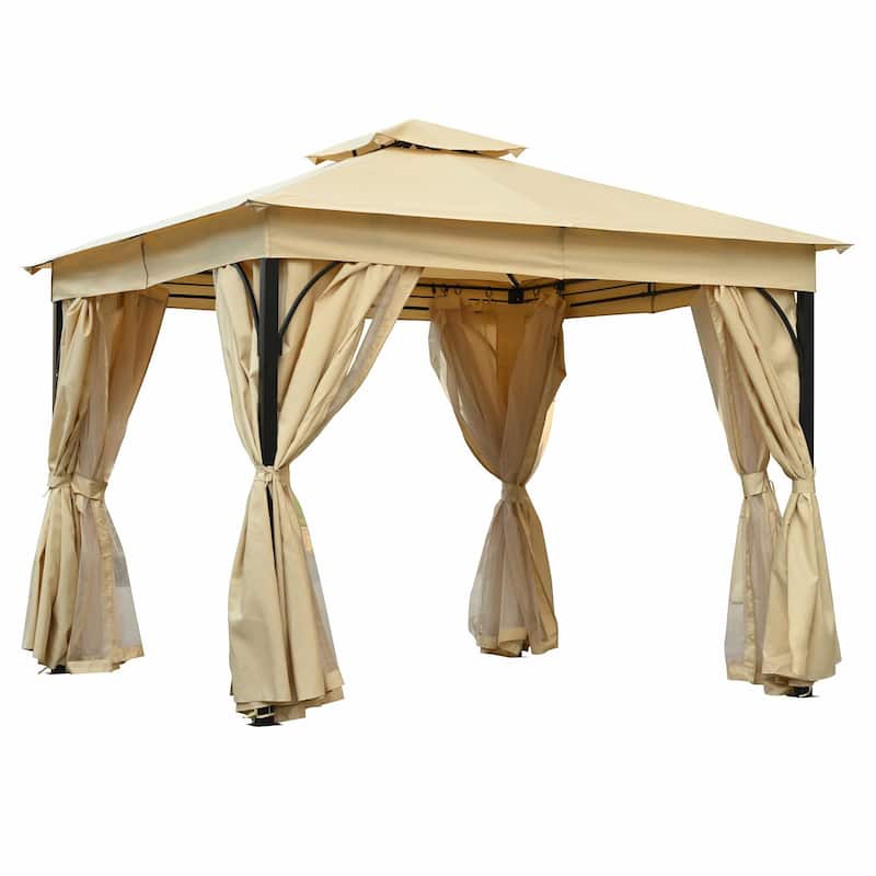 Outdoor Gazebo Tent with Double Roof, Mosquito Netting & Privacy Screens