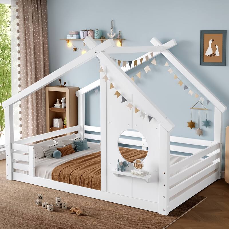Montessori Kids House-shaped Floor Bed with Window and Shelf